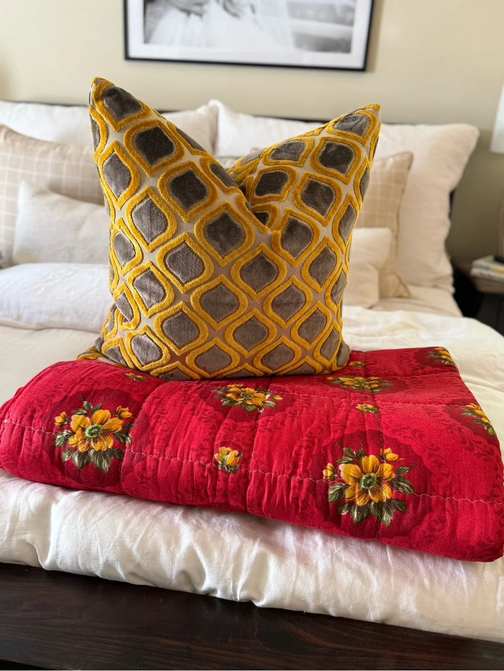Designer Velvet Throw Pillow in Mustard and Grey